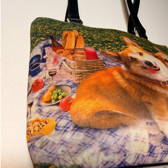 Corgi Picnic Tote Bag Dog Print Shoulder Purse Kitschy Animal Graphic Large